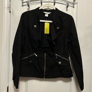 Christopher & Banks canvas jacket MP Black Ruffled Collar Size medium Petite NWT